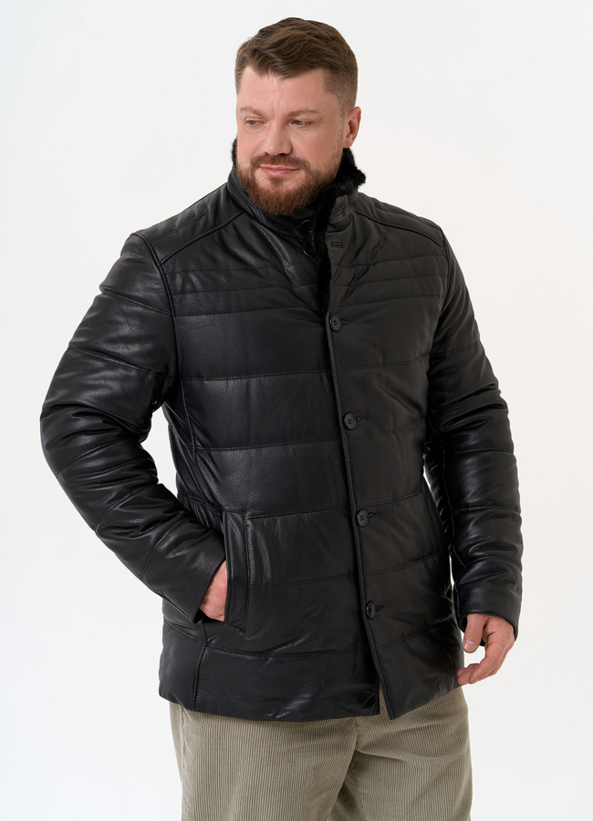 Пуховик из натуральной кожи с воротником стойкой модель № 26053 универмаг малина