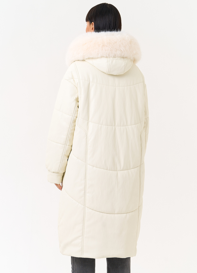 Женский пуховик из эко кожи со съемным эко мехом модель № 30717 универмаг малина