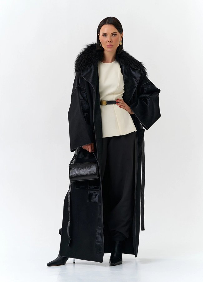 Женское длинное пальто с отделкой из меха лисы модель № 32649 универмаг малина