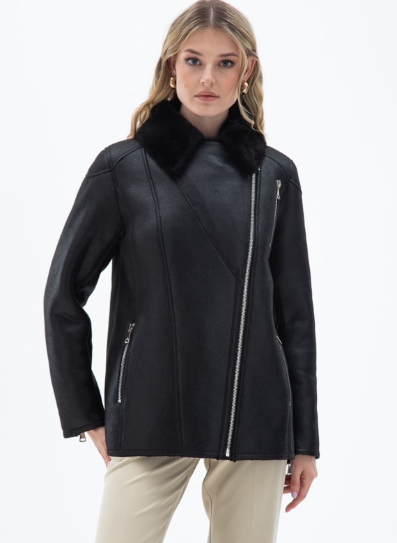 Женская дубленка из эко кожи с отделкой из эко меха