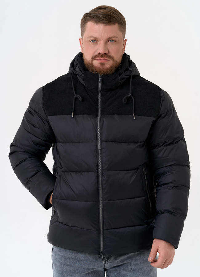 Мужской пуховик с отделкой из вельвета модель № 31469 меха малина