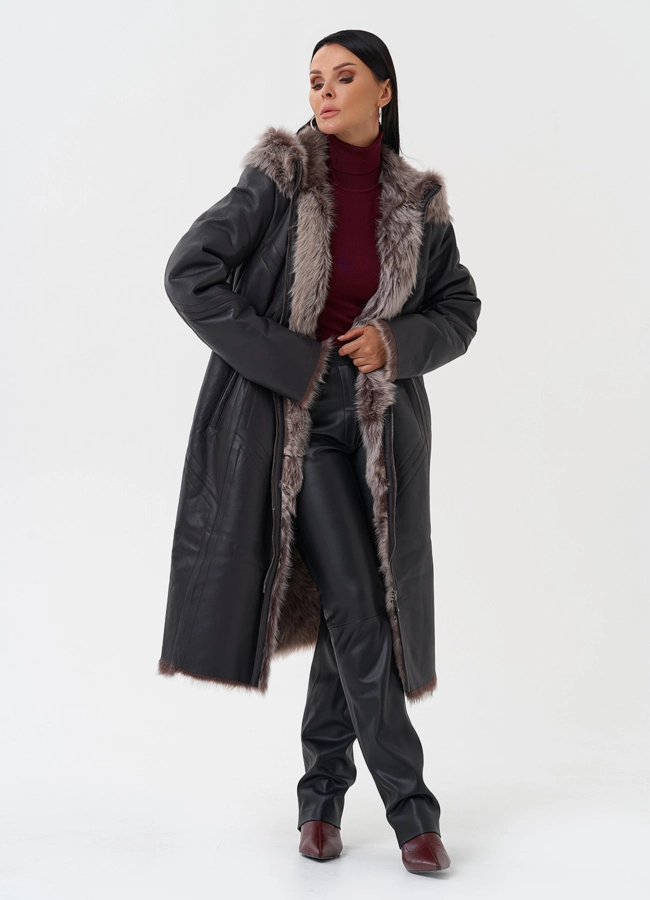 Дубленка с отделкой из тосканы с капюшоном модель № 28698 универмаг малина