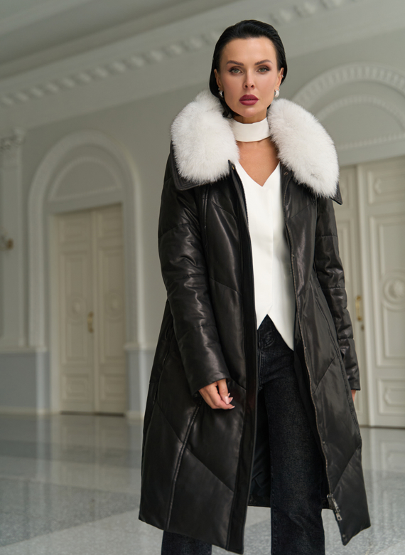 Длинный пуховик из натуральной кожи