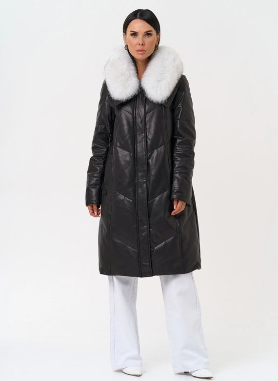 Длинный пуховик из натуральной кожи