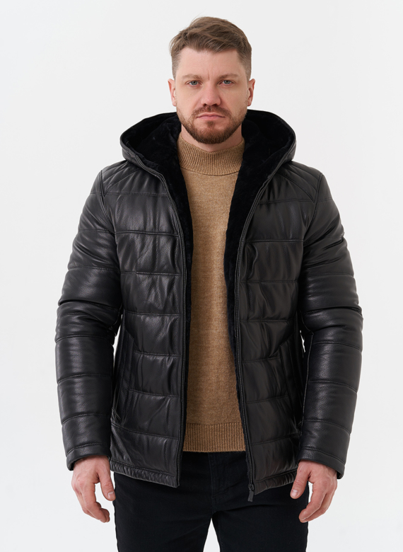 Пуховик из натуральной кожи с отделкой из мутона