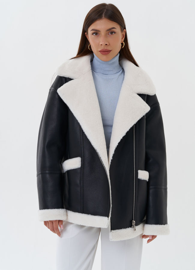 Дубленка из эко кожи черного цвета с черным эко мехом модель № 27693 в рассрочку