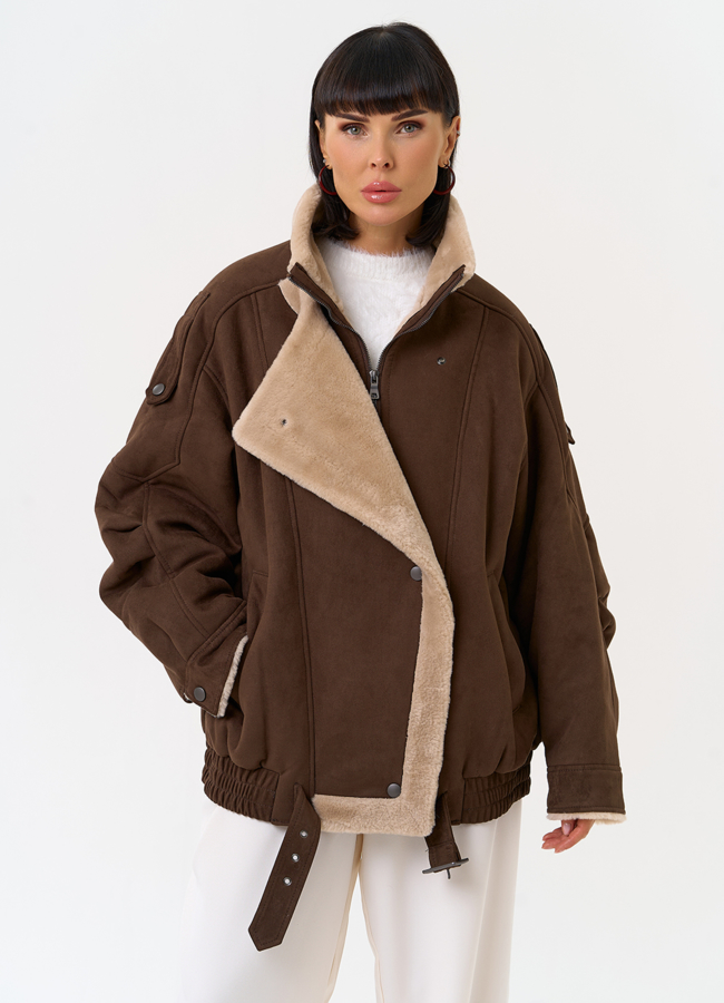 Женский бомбер из эко замши с воротником стойкой модель № 31533 меха малина