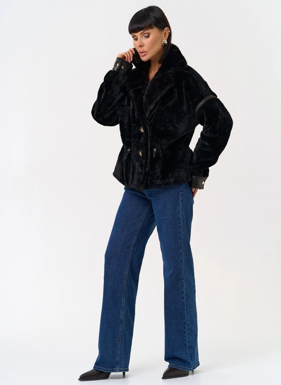 Женская короткая дубленка с английским воротником из меха норки