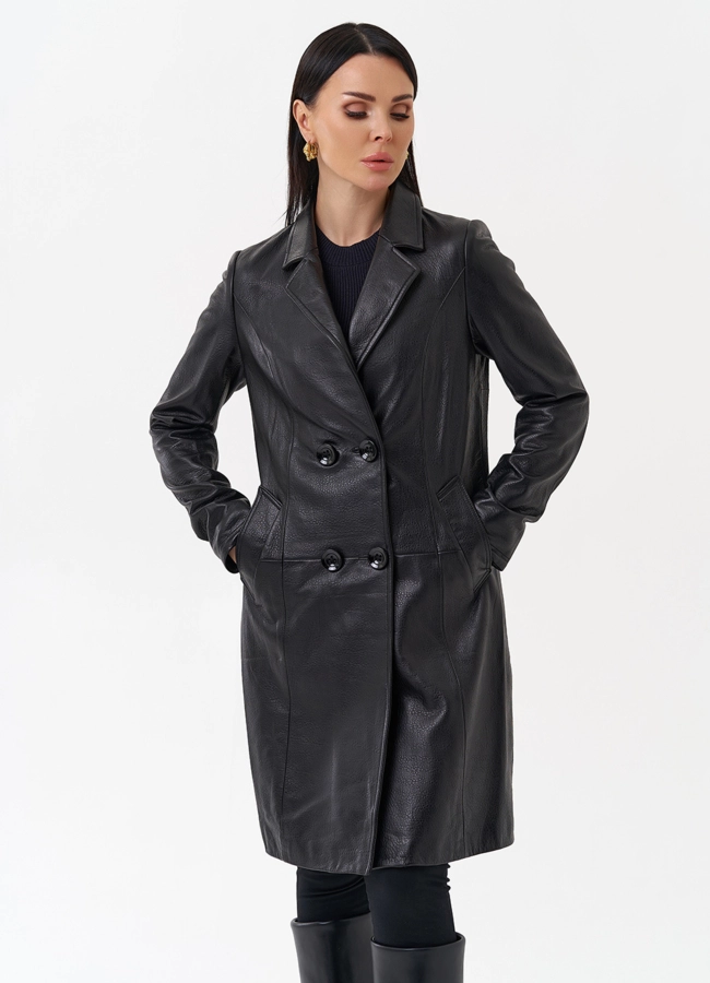 Плащ женский из натуральной кожи модель № 4449 меха малина