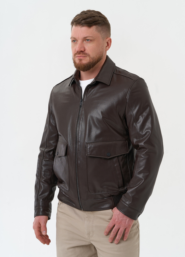 Мужская куртка из натуральной кожи коричневого цвета модель № 30069 в рассрочку
