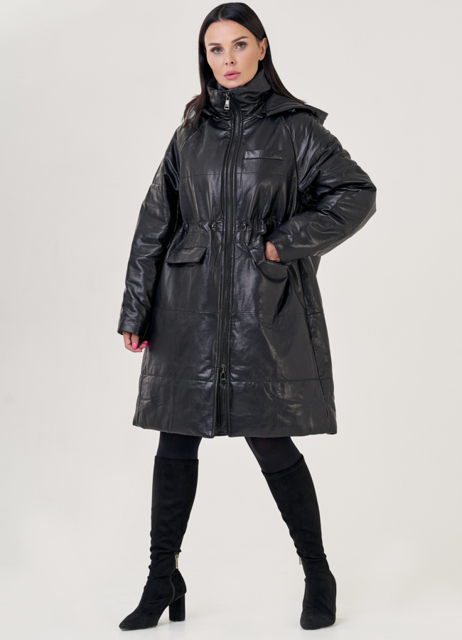 фото Кожаный пуховик с капюшоном черного цвета  модель № 23265