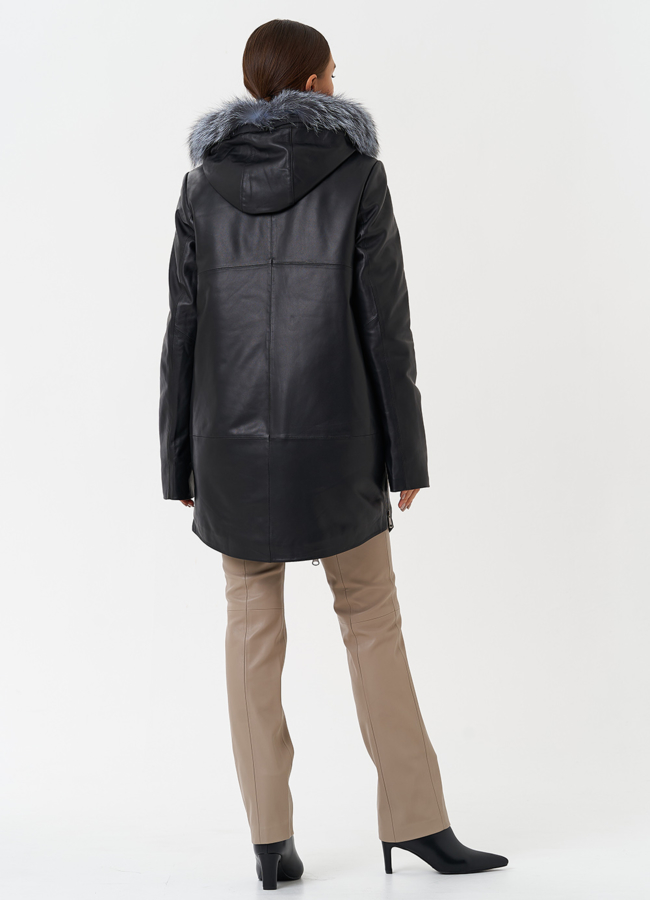 Утепленное полупальто из натуральной кожи с капюшоном  модель № 20201 универмаг малина