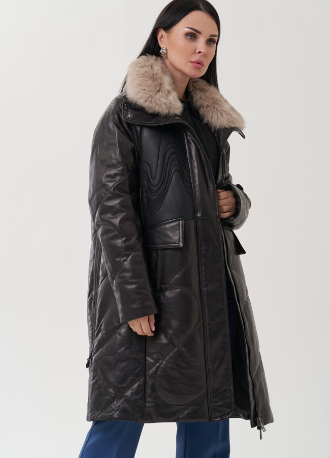 Пуховик из натуральной кожи с отделкой из меха песца модель № 25376 универмаг малина