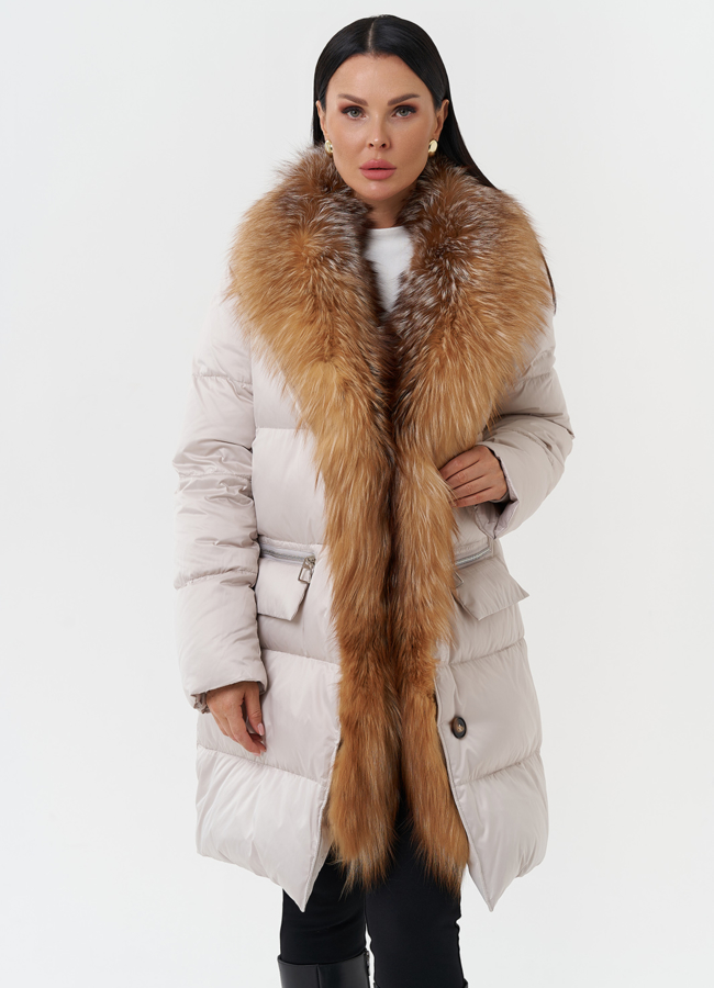 Женский пуховик с отделкой из меха лисы модель № 28569 универмаг малина