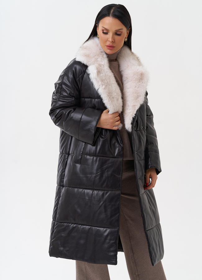 Пуховик из эко кожи с английским воротником модель № 28517 универмаг малина