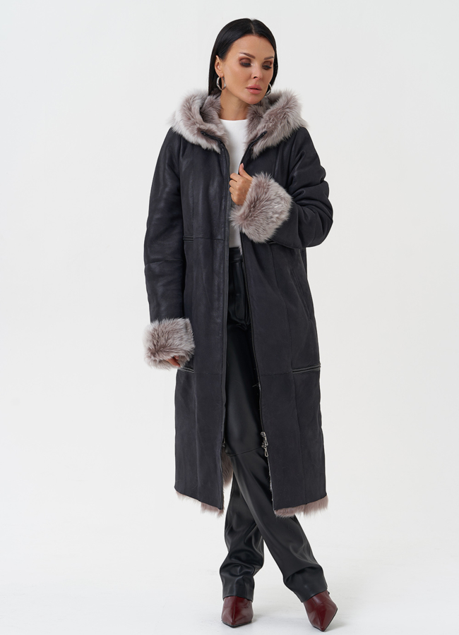 Дубленка с отделкой из тосканы с капюшоном модель № 28699 универмаг малина