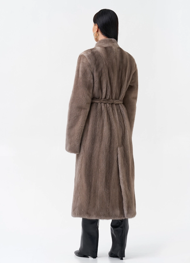 Длинная шуба из норки с поясом модель № 28633 универмаг малина